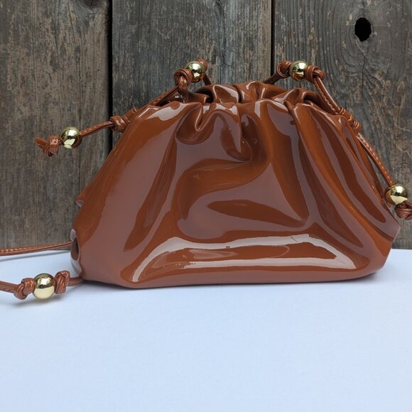 Brown Leather Crossbody Bag Small Pouch Purse with Gold Beads Shiny Mini Bag NW - Picture 11 of 11